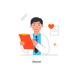 Smiling medical worker. Young smiling man doctor records diagnosis in patient medical history. Cardiologist or therapist treats heart diseases. Cartoon flat vector illustration in doodle style