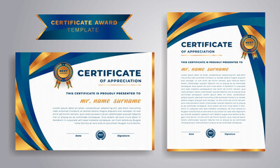 Premium certificate of achievement template, gold and blue color. Clean modern certificate with gold badge. Certificate border template with luxury and modern line pattern.