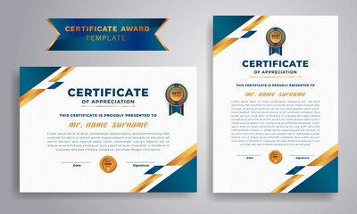 Fototapeta premium Certificate of achievement template, gold and blue color. Diploma certificate of appreciation award Template.