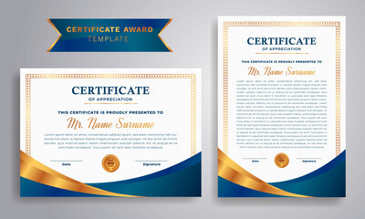 Blue and gold certificate of appreciation border template with luxury badge and modern line pattern. For award, business, and education needs.