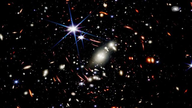 Wide-field view of the early universe. Zooming into the deep field of Galaxy Clusters. Fly towards distant galaxies.