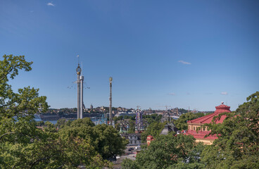 Vista point view over the Tivoli and parks and as sky line the district Södermalm, a sunny summer day in Stockholm