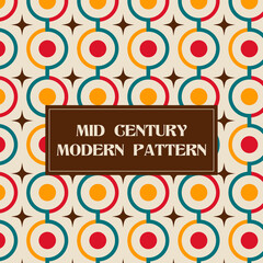 Mid century modern seamless chain pattern on beige . Retro background with circles and stars for bedding, tablecloth, oilcloth or other textile design in retro style