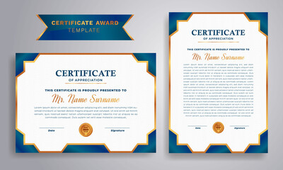 Certificate of achievement template, gold and blue color. Diploma certificate of appreciation award Template.