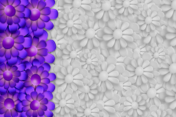 2d, 3d hybrid illustration of bright dark purple and lavender flower pattern left or right side two column page layout. With a black and white floral background and copy space.