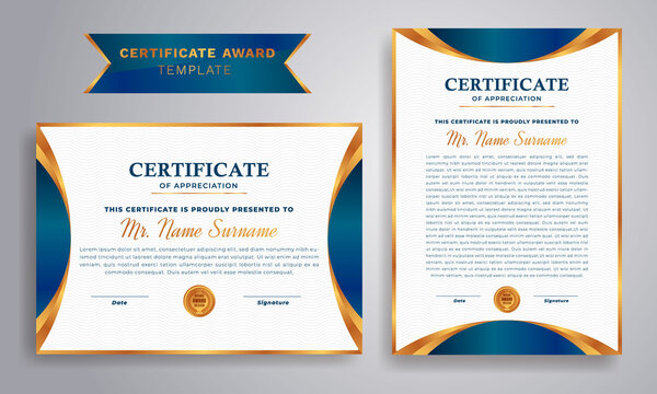 Blue and gold certificate of achievement border template with luxury badge and modern line pattern. Vector illustration and vector Luxury premium badges design.