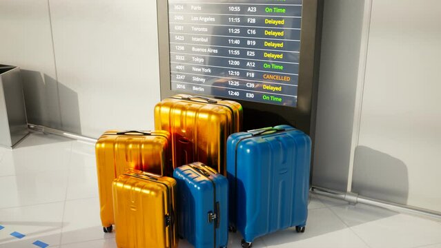 Suitcases in front of flight information display. Real-time status of the flight