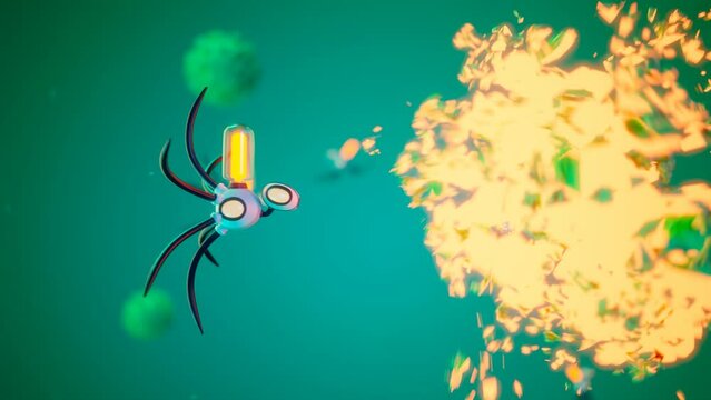 The futuristic concept of nanobots fights against bacterium cells. Render 4K