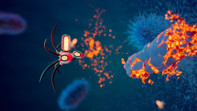 The futuristic concept of nanobots fights against bacterium cells. Render 4K