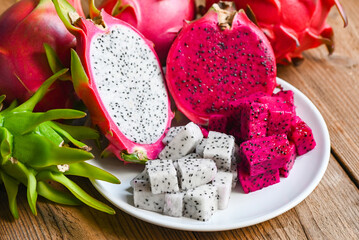 fresh white and red purple dragon fruit tropical in the asian thailand healthy fruit concept,...