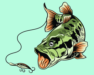 largemouth bass fishing vector illustration - obrazy, fototapety, plakaty