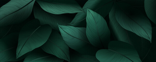 Fototapety  Luxury dark green art background with tropical leaves. Vector botanical banner for print design, decor, wallpaper, interior design.