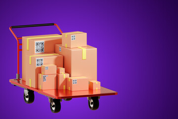 Warehouse Trolley. Trolley with boxes of different sizes. Warehouse equipment for transportation. Cardboard parcels on cargo trolley. Warehouse logistics concept. Cardboard boxes on purple. 3d image.