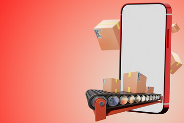 Courier business. Phone mockup with conveyor. Phone template with blank screen. Fast delivery conveyor metaphor. Boxes come out smart phone. Concept calling courier through application. 3d image