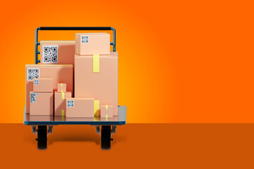 Delivery trolley. Courier boxes with qr code. Trolley with boxes on orange. Concept of selling equipment for delivery. Trolley for courier warehouse. Delivery of orders to customers. 3d rendering. - obrazy, fototapety, plakaty