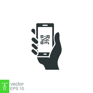 QR code scanning in smartphone screen. Hand holding Mobile phone. Simple solid icon style, barcode scanner for pay, web, mobile app. Vector illustration isolated. EPS 10.