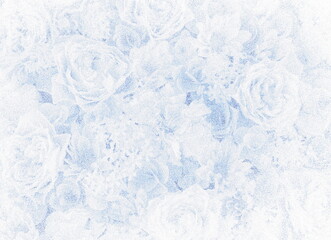 Blue stippling art. Rose and hydrangea. Floral background in dotwork style.