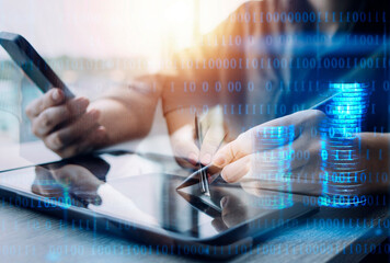 Businesswoman working with smart phone and laptop and digital tablet computer in office with digital marketing media in virtual icon