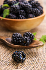 Blackberry close-up on the background of a wooden spoon and a wooden cup with blackberries.