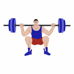 Fototapeta na wymiar A man with a barbell on his shoulders squatting, about to get up. Vector flat illustration isolated on a white background.