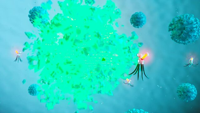 The futuristic concept of nanobots fights against virus cells. Render 4K