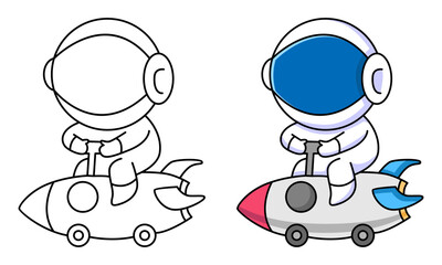 cute astronaut riding spaceship coloring page for kids