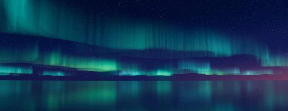 Northern Lights Wallpaper. Blue Aurora Lights reflected in Water with copy-space. 