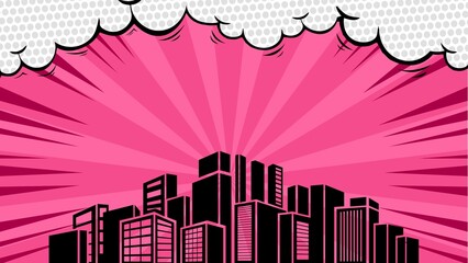 Comic pink background with city silhouette and cloud © anggi wibisono