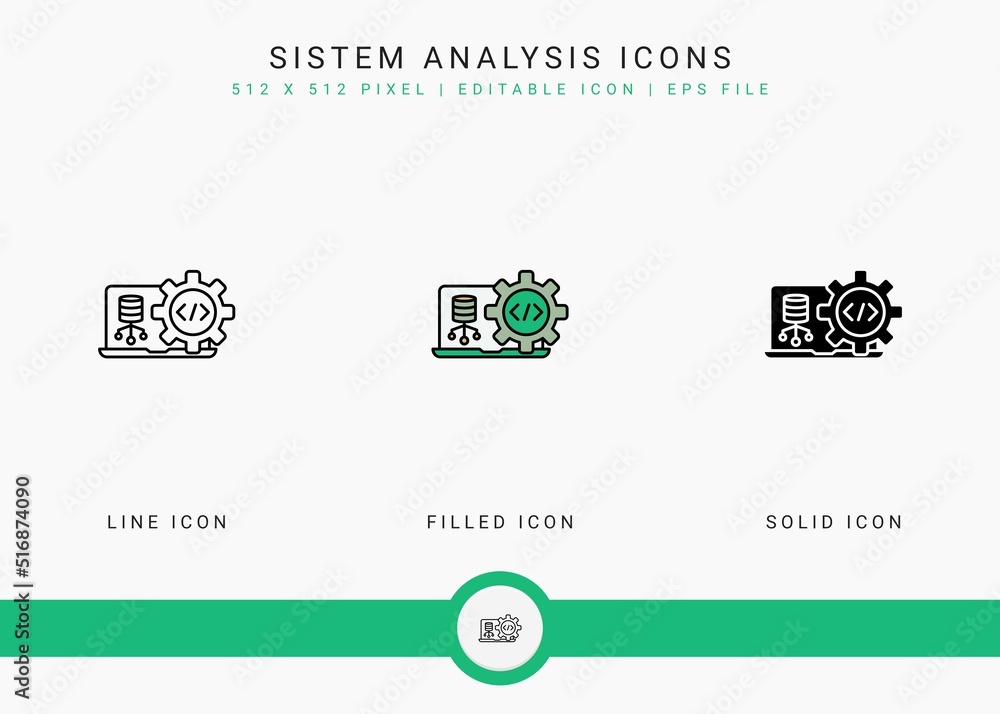 Fototapete system analysis icons set vector illustration with solid icon line style. database software concept.