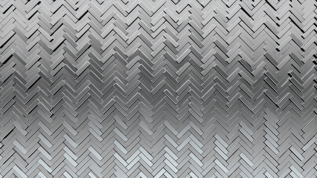 Silver Tiles arranged to create a 3D wall. Herringbone, Glossy Background formed from Luxurious blocks. 3D Render