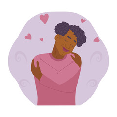 Self love concept, happy curly man hugging herself, illustration in a flat style.