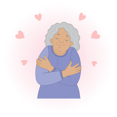 Self love concept, happy elderly woman hugging herself, illustration in a flat style.