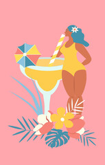 summer retro postcard in flat style with cocktail and pretty woman