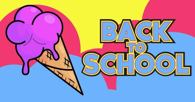 Ice Cream with Back to School text. Colorful animated dancing summer sweet food cartoon. 4k resolution animation, moving image.