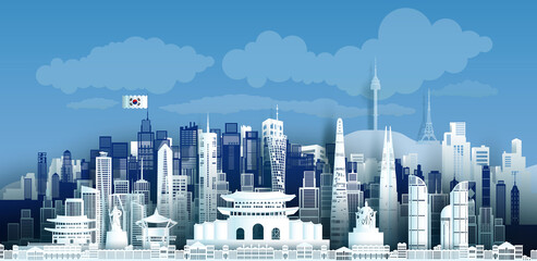 Travel landmark of Korea skyline in silhouette vector isolated cityscape. - obrazy, fototapety, plakaty