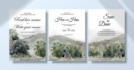 Wedding invitation card set with watercolor landscape paintings tourist in summer.