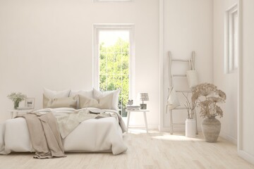 White bedroom interior. Scandinavian design. 3D illustration