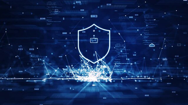 Cybersecurity data protection technology concept internet connection online network. There is a prominent shield in the middle. Binary code polygons and slow moving icons on dark blue background.