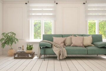 White living room with sofa and summer landscape in window. Scandinavian interior design. 3D illustration