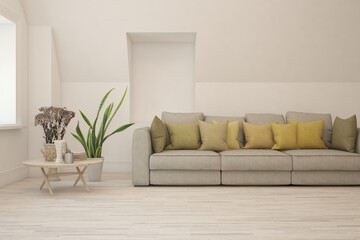 White living room with sofa. Scandinavian interior design. 3D illustration