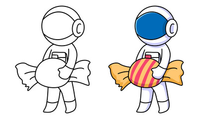 cute astronaut holding candy coloring page for kids