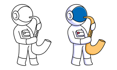 cute astronaut playing saxophone coloring page for kids