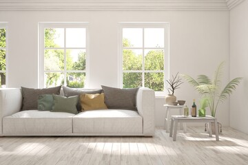 White living room with sofa and summer landscape in window. Scandinavian interior design. 3D illustration