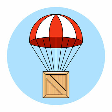 a parachute with a wooden box falls to the ground. flat vector illustration.