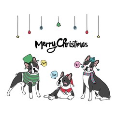 Boston terrier dog Merry Christmas cartoon vector illustration