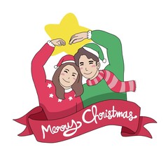 Cute couple make love sign by hand Merry Christmas cartoon vector illustration