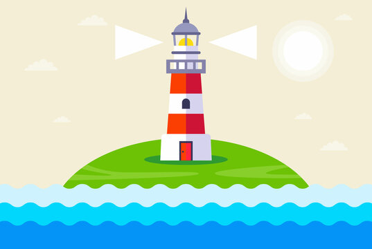a working lighthouse on the island for the safety of ships. flat vector illustration.