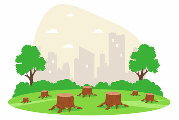 meadow with cut down trees. illegal logging. flat vector illustration.