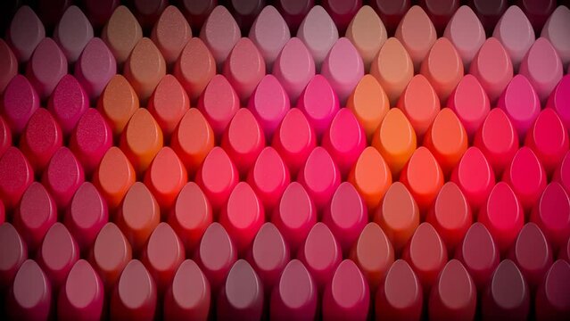 Rows of lipsticks in different shades of red and pink. Beauty salon samples.