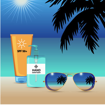 Vector Illustration Of Sunglasses, Hand Sanitizer And Sunscreen On The Beach